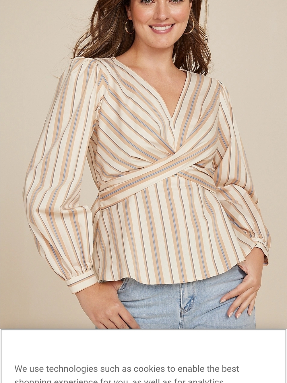 Maurices Striped Surplice Wrap Front Blouse Large Long Sleeve Neutral Blue Boho